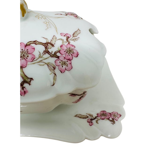 Antique Haviland Limoges Gravy Boat With Attached Underplate, Schleiger 222 Pink Cherry Blossom Floral Pattern, 1876-1889 H&Co/L Mark For Sale - Image 11 of 18