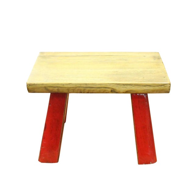 This is a handmade wood stool/stand table. It has a simple straight design with a plain raw wood rustic top finish and red...