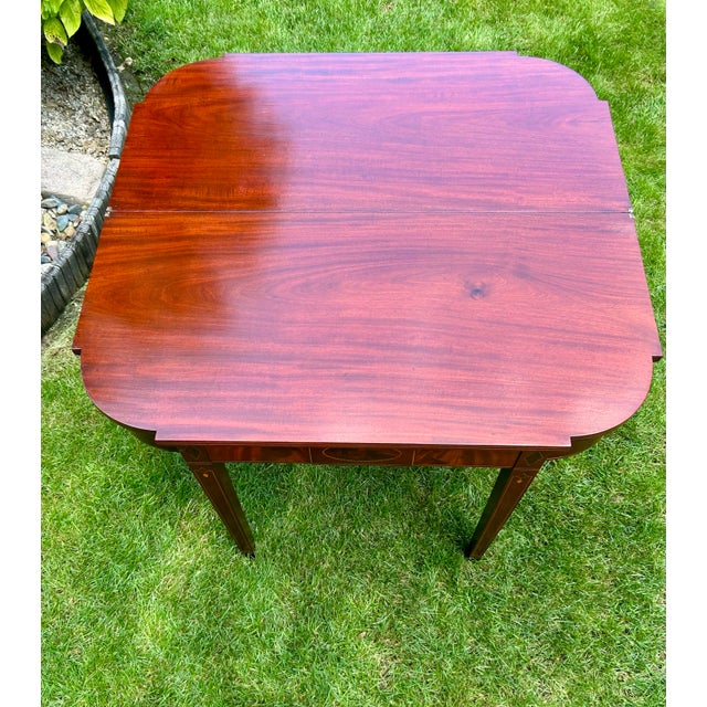 Antique, Flame-Mahogany, Federal Style, Game Table, Swivel and Hinged Flip-Top Mechanism, Geometric String Inlay, C1780-1830, Demilune Console Table For Sale In South Bend - Image 6 of 12