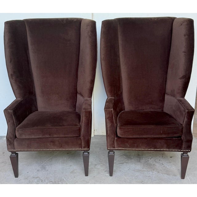 Pair Custom Mogul Los Angeles Espresso-Brown Velvet High-Back Wing Chairs with Ebonized Neoclassical Legs Monumental in...