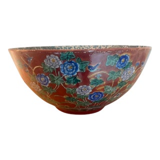 Late 20th Century Large Kutani Style Japanese Porcelain Centerpiece Bowl With Floral & Figural Decoration For Sale