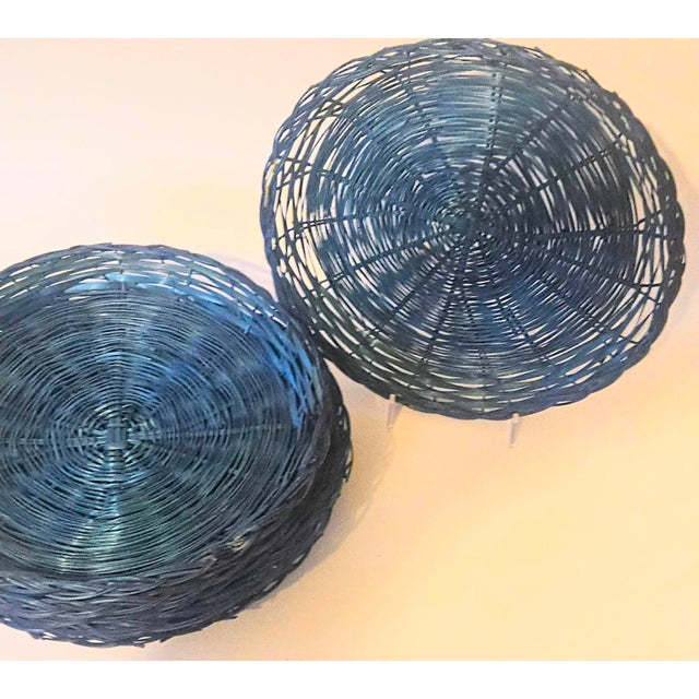 Textile Overdyed Blue Straw Paper Plate Holders- Set of Six For Sale - Image 7 of 8