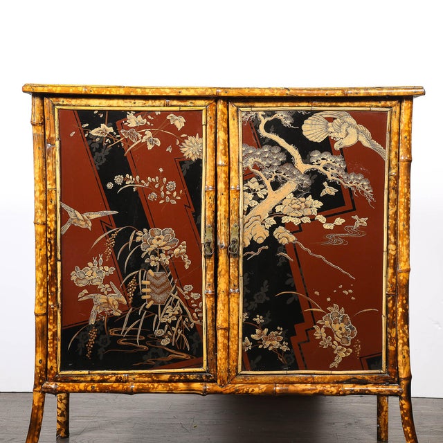 Art Deco Bamboo & Cubist Red & Black Geometric Detailed Gilt Chinoiserie Cabinet For Sale - Image 4 of 18