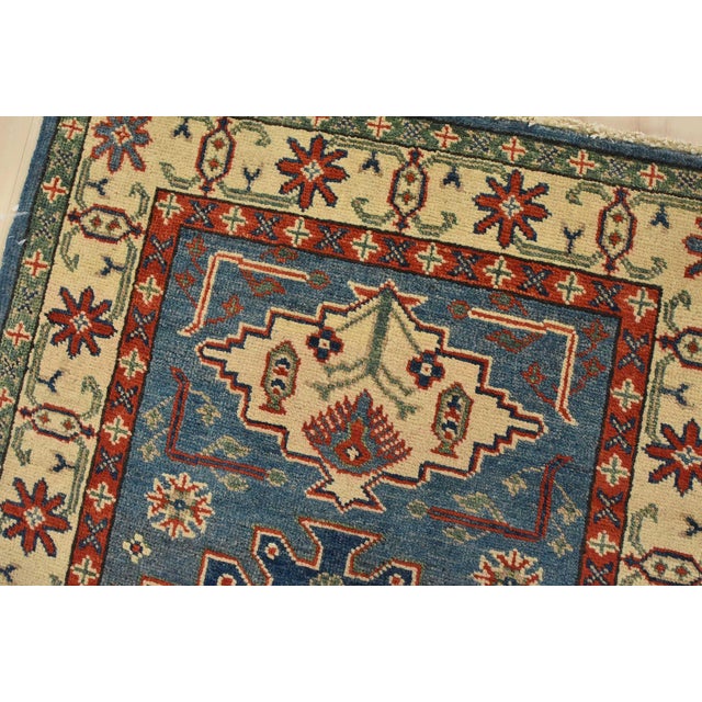 Kazak Rug 2’9” X 3’10” Blue Wool Tribal Hand-Knotted Oriental Carpet For Sale In Philadelphia - Image 6 of 10
