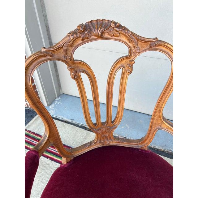 Pair of French Louis XV Style Carved Fruitwood Bergere Arm Chairs, 1950’s For Sale - Image 6 of 12