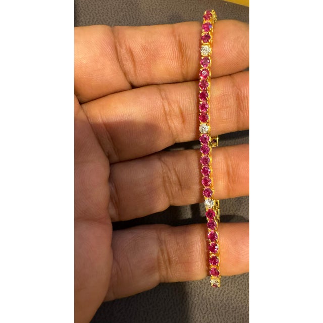 Natural Round Ruby & Diamond Tennis Bracelet 14 Karat Yellow Gold 6.75 Inch For Sale - Image 11 of 18