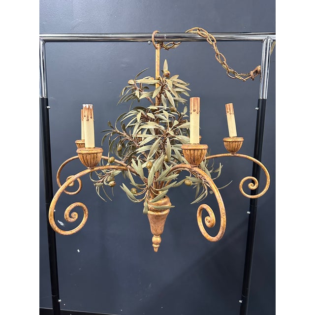 1980s Vintage Tole Olive and Olive Leaf Chandelier For Sale - Image 5 of 9