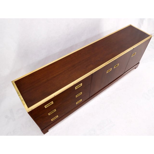 Wood Campaign Style Brass Walnut Mid Century Drawers Doors Compartment Long Credenza For Sale - Image 7 of 13