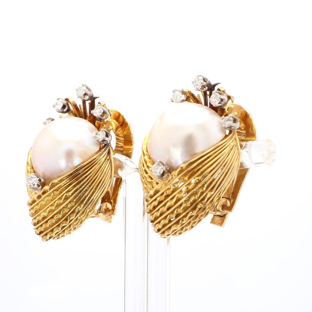 Modern 15mm Mabe Pearl & Diamond 14k Gold Retro Era Lever Back Earrings, Pair For Sale - Image 3 of 7