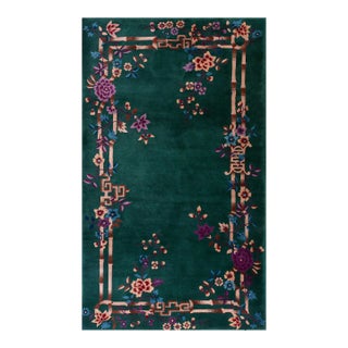 1920s Green Bamboo Floral Antique Chinese Art Deco Rug 4'2" X 7' Knotted Wool Carpet For Sale