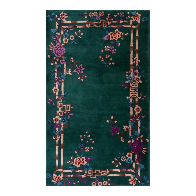 1920s Green Bamboo Floral Antique Chinese Art Deco Rug 4'2" X 7' Knotted Wool Carpet For Sale