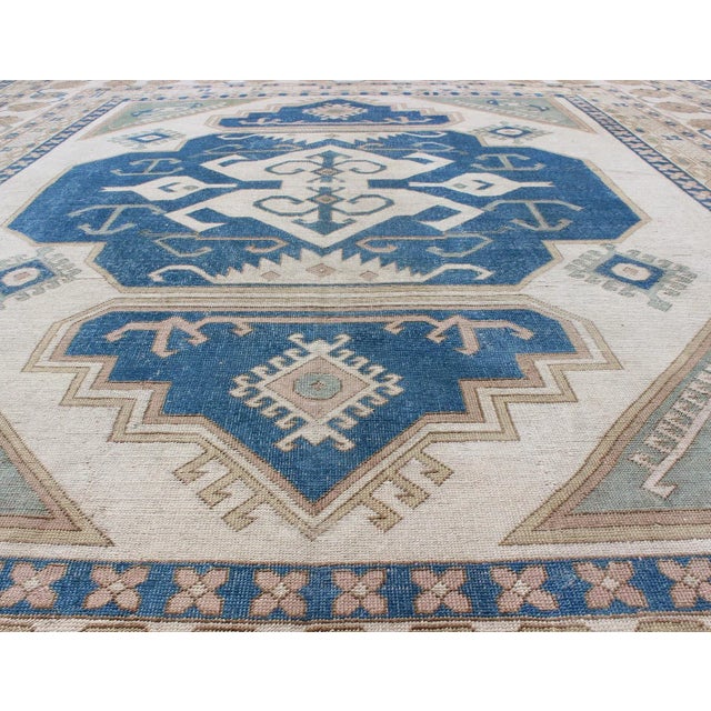 Large Vintage Turkish Rug With Stylized Geometric Design in Blue, Ivory, Tan For Sale - Image 4 of 12