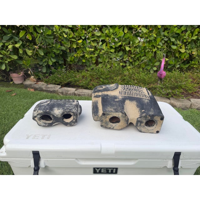 Vintage Brutalist Blackwashed Terracotta Elephant Sculptures – Graduated Pair For Sale - Image 10 of 12