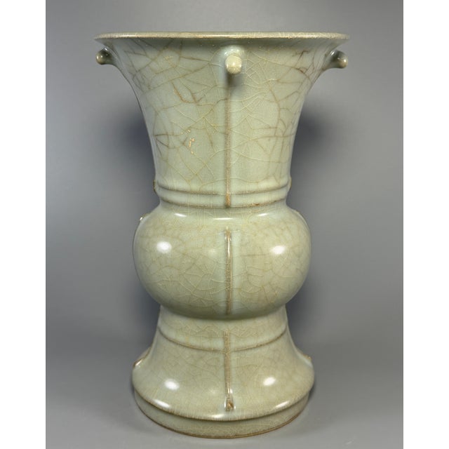 Antique Chinese Celadon Crackle‑Glaze Gu‑Form Beaker Vase, Collectible Antique For Sale - Image 4 of 8