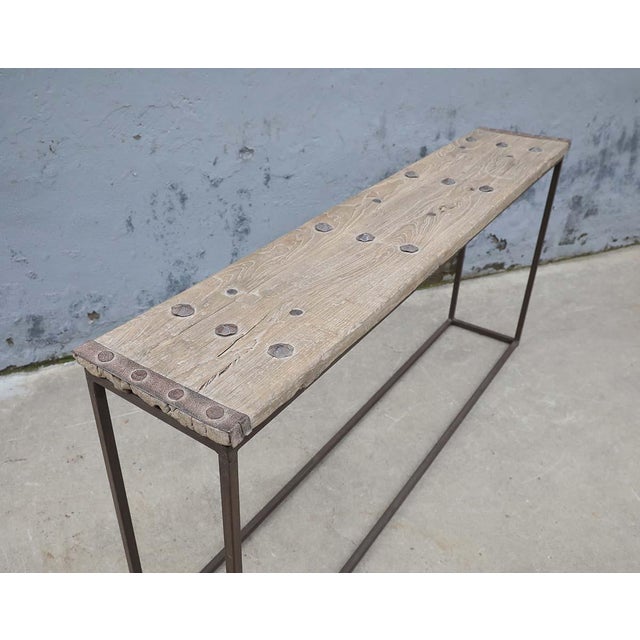Mid-Century Modern Console Table Constructed From an Antique Door Element on an Iron Base For Sale - Image 3 of 4