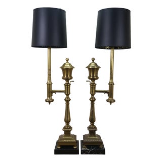 1979 Chapman Brass Marble Chippendale Argand Banquet Buffet Lamps - a Pair For Sale