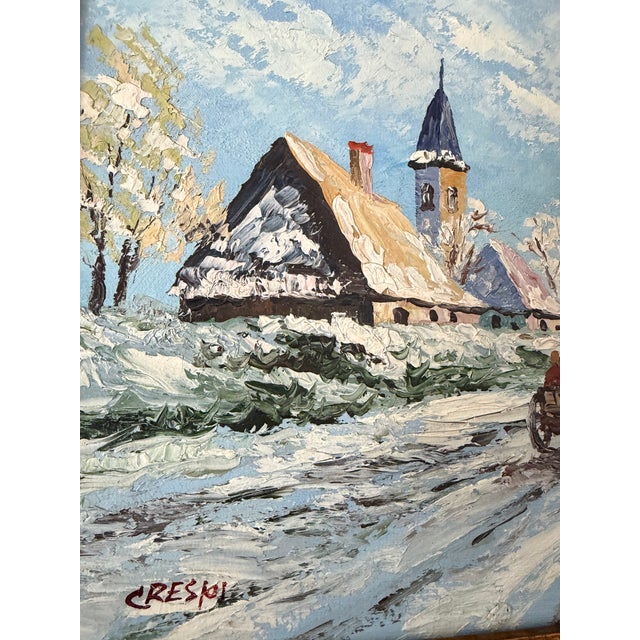 Wood David Crespi Impressionst Winter Landscape Signed Oil on Canvas For Sale - Image 7 of 7