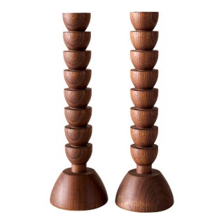 "Albert" Hand Turned Walnut Candle Holders by Lostine, Set of 2 For Sale