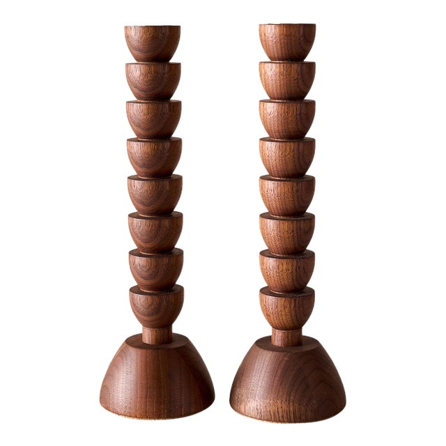 "Albert" Hand Turned Walnut Candle Holders by Lostine, Set of 2 For Sale
