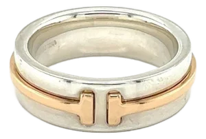 Mid 20th Century Tiffany & Co. T 2 Sterling Silver 18k Rose Gold Narrow Band Ring Size 4.5