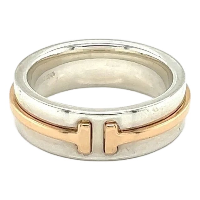 Tiffany & Co. T 2 Sterling Silver 18k Rose Gold Narrow Band Ring Size 4.5 For Sale