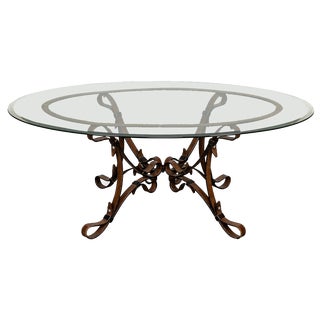 Cold Painted Wrought Iron Strap & Stitch Glass Top Coffee Table, 1980s For Sale