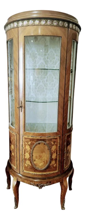 Vintage French Louis XV Inlaid Lighted Display Half Round Cabinet