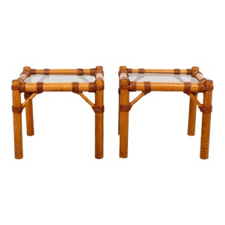 Pair Vintage Rattan Wrapped Tables For Sale