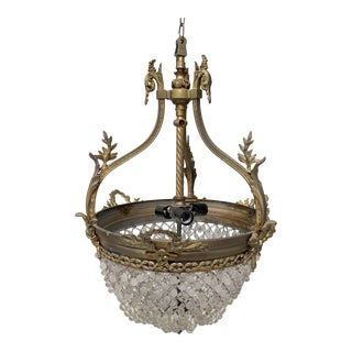 Vintage Italian Brass and Crystal Drop Chandelier For Sale