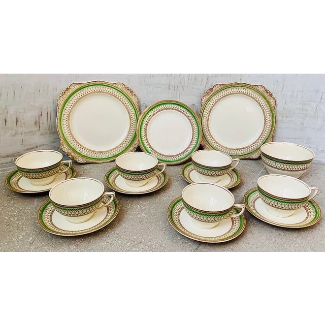 Early 20th Century Rare Antique English Bone China J & G Meakin Westminster Pattern, Intricate Green & Gold Band on a Cream Ground- Set of 7 For Sale - Image 12 of 12