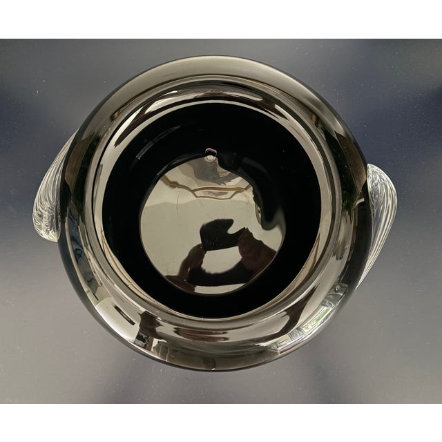 Mid-Century Modern Hand-Blown Black Amethyst Vase Clear Swirled Handles Two's Company Vase Hand-Blown Black Amethyst Clear Swirled Handles For Sale - Image 3 of 9