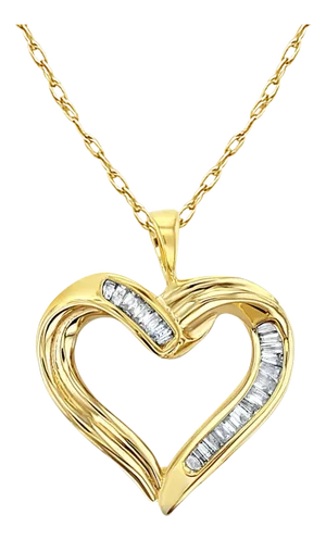 Baguette Heart Shaped Diamond Necklace 14k Yellow Gold 16"