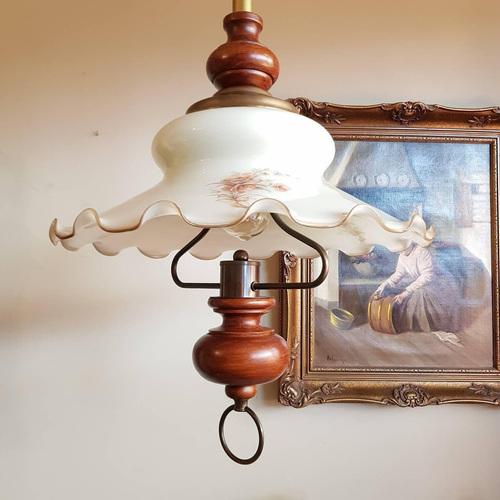 Special and big pendant lamp from the ’60s. Vintage medusa shape glass shade with nice floral details, with brass and wood...