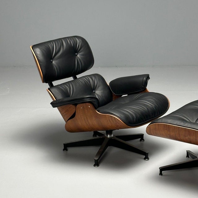 Mid-Century Modern Charles & Ray Eames, Mid-Century Modern, Eames Lounge Chair, Black Leather, Wood For Sale - Image 3 of 10
