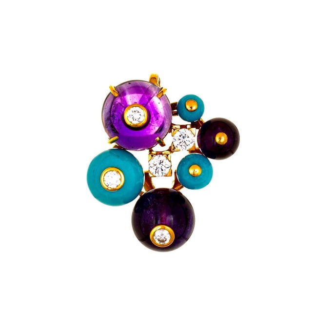 Art Deco Cartier Delices De Goa Turquoise Amethyst Diamond Pendant Necklace 18k Y Gold For Sale - Image 3 of 18