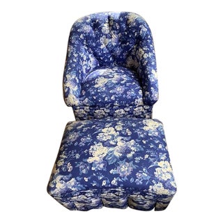 Custom Curvy Chair and Ottoman in Ralph Lauren For Sale