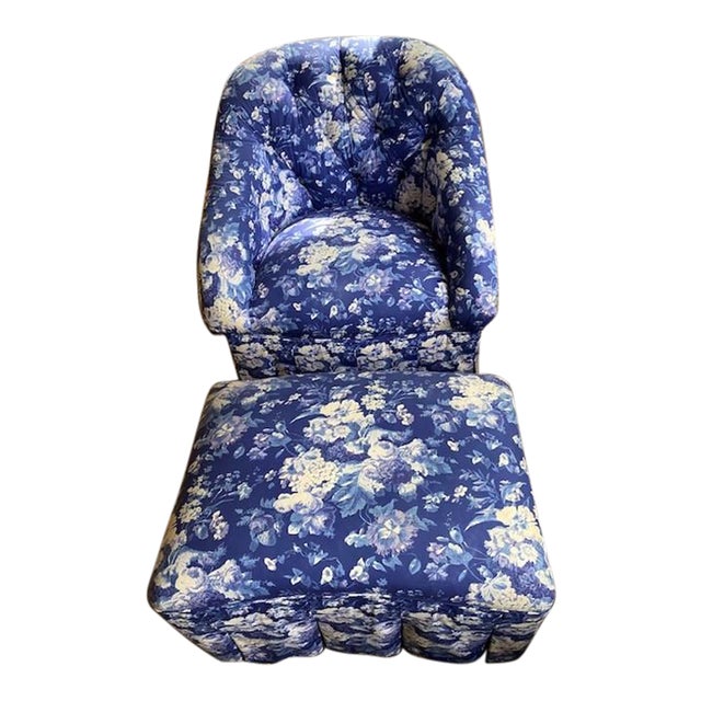 Custom Tufted Chair & Ottoman in Ralph Lauren For Sale