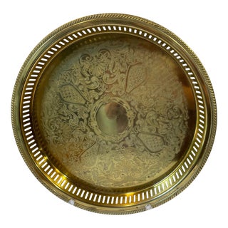 Vintage Etched Brass Tray With Pierced Sides For Sale