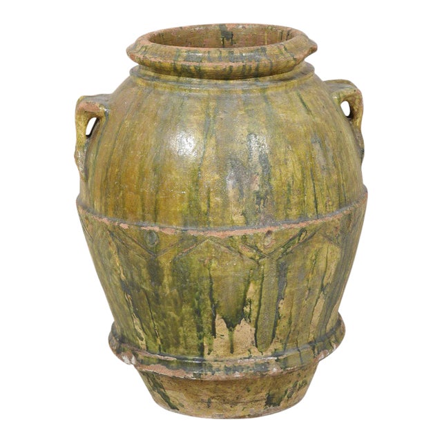 18th Century Large Italian Terracotta Jar with Rich Green Poured Glaze For Sale