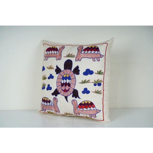 Mid-Century Modern Hand Embroidered Turtle Suzani Pillow Cover, Uzbek Cotton Cushion (18''x18'') For Sale - Image 3 of 6