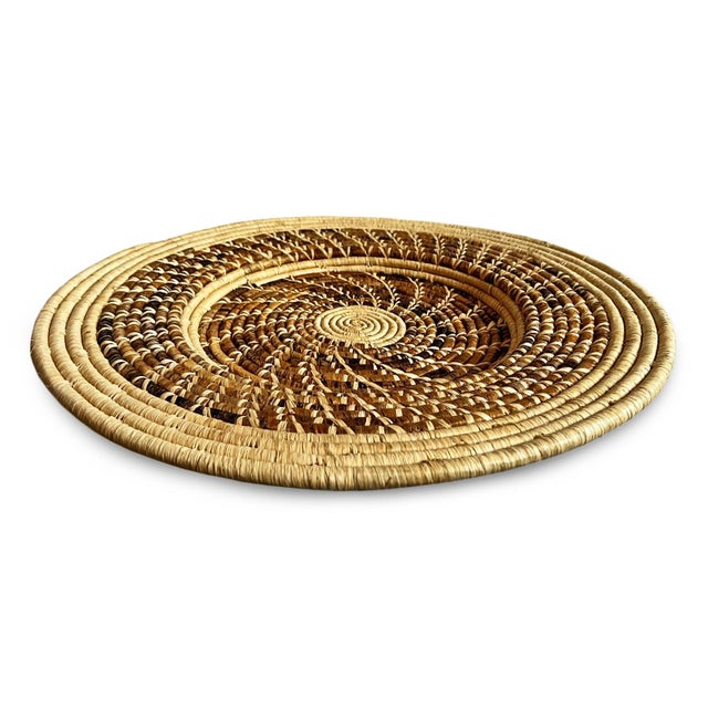 Vintage beautiful hand crafted natural tan and brown woven plate. Perfect as unique wall decor with sun-inspired design.