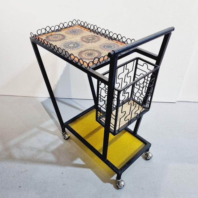 Vintage Mid-Century Wrought Iron Bar Cart with Ceramic Tile Top, 1960s For Sale - Image 6 of 11