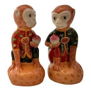 Pair of Vintage Porcelain Monkey Figurines, Chinoiserie Decor, 11"h For Sale