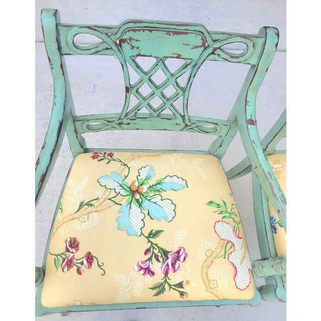 Vintage Distressed Green Brown Fretwork Upholstered Brunschwig Fils Yellow Floral Side Chairs- A Pair For Sale - Image 10 of 15