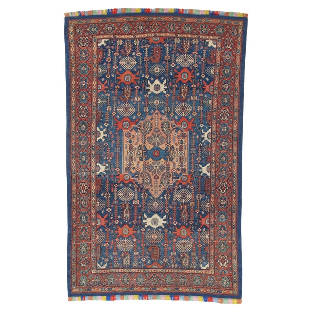 Antique Senneh Rug with Multicolored Silk Warp, Handmade, Ivory, Red, Light Blue For Sale In New York - Image 6 of 6