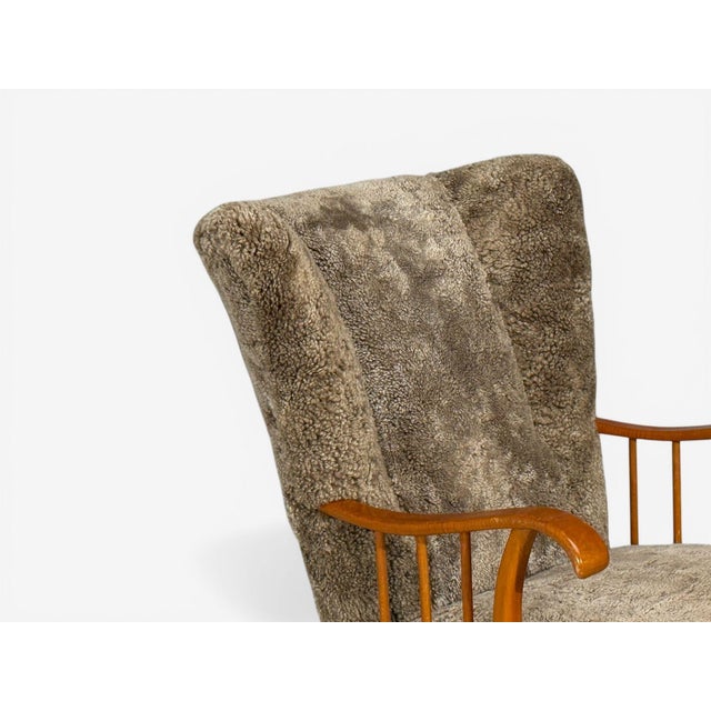 Swedish Modern, Lounge Chairs, Elm, Gray Shearling, Sweden, 1940s For Sale - Image 9 of 16