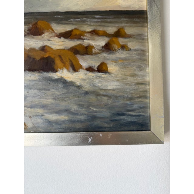 Modern Coastal Ocean Landscape Oil on Board Painting, Silver Wood Frame For Sale - Image 10 of 12