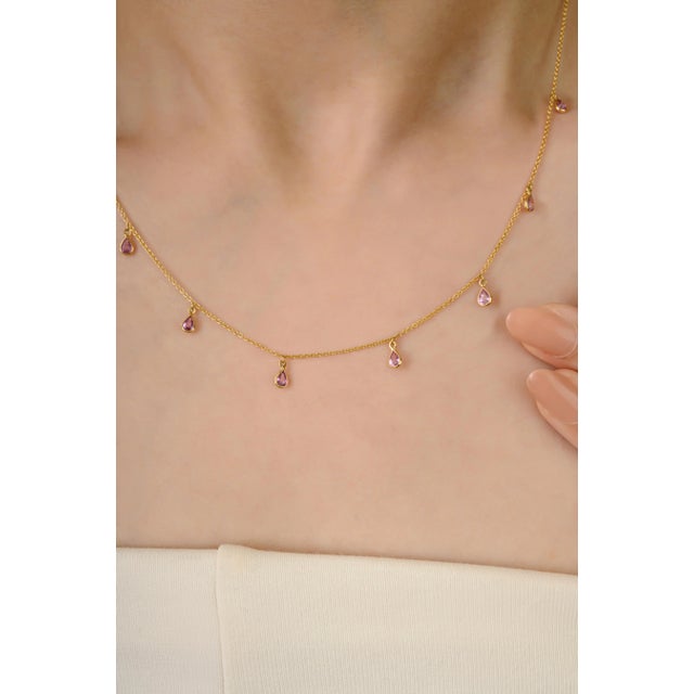 Natural Pink Sapphire Charm Necklace in 14k Solid Gold Length 18 Inches For Sale - Image 4 of 11