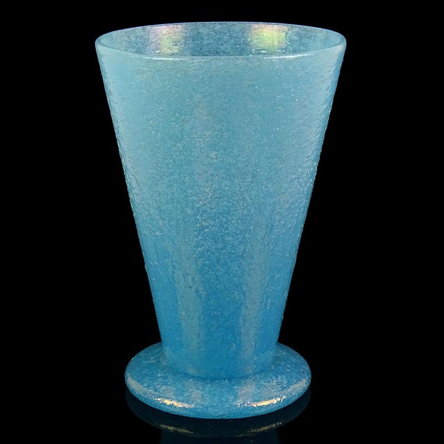 Beautiful antique Murano hand blown blue with slight iridescent surface Italian art glass flower vase with applied foot....