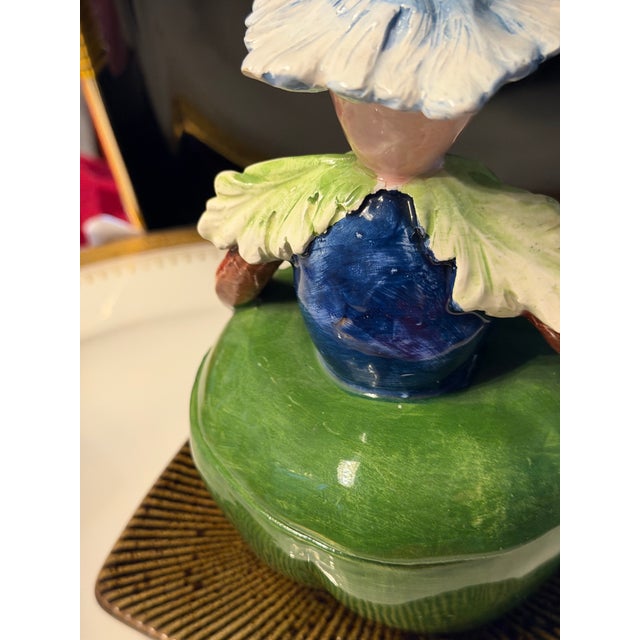 1940s Italian Neiman Marcus Horchow Ceramic Green Pepper Lady Covered Jar For Sale - Image 9 of 12